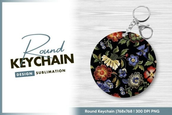 Floral Embroidery Round Keychain PNG